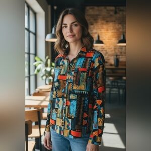 Size Large Geometric Multi-Color Block Long Sleeve Button Up Shirt W21" X L27" U